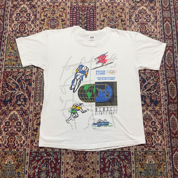 VTG Rare 1992 Olympic Games T Shirt XL Bausch‎ Lomb Sponsor White Goggles USA